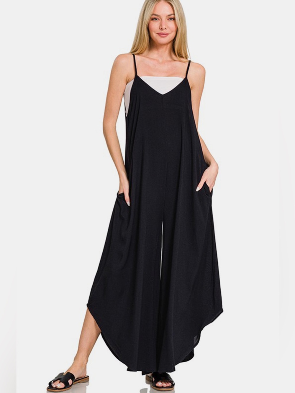 Zenana Spaghetti Strap Wide Leg Overalls with Pockets